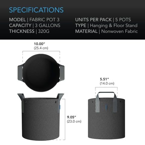 AC Infinity Heavy Duty Fabric Pots, 3 Gallon, 5 Pack