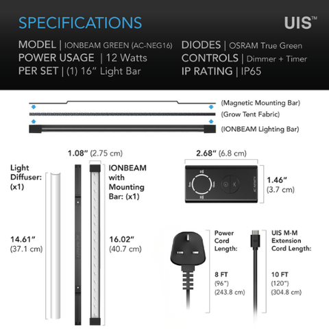 IONBEAM Green, LED Work Light with Dimming Timer Controller, 16-Inch