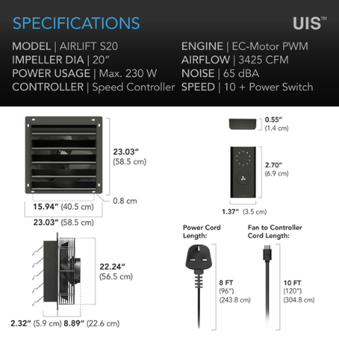 AIrlift S20, Shutter Exhaust Ventilation Fan 20", Speed Controller