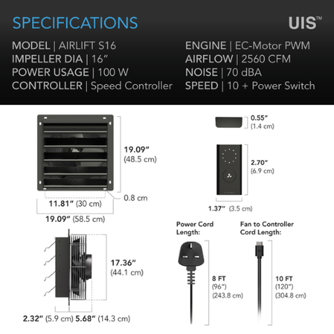 Airlift S16, Shutter Exhaust Ventilation Fan 16", Speed Controller