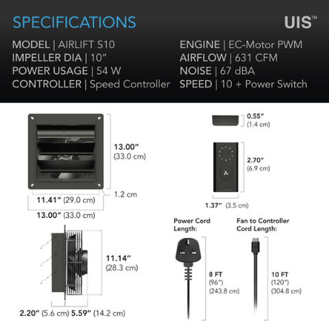 Airlift S10, Shutter Exhaust Ventilation Fan 10", Speed Controller