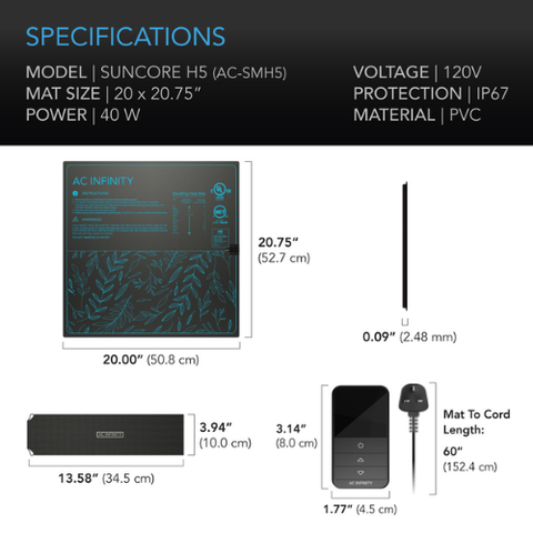 SUNCORE H5, Seedling Heat Mat with Heat Controller, IP-67 Waterproof, 20" x 20.75"