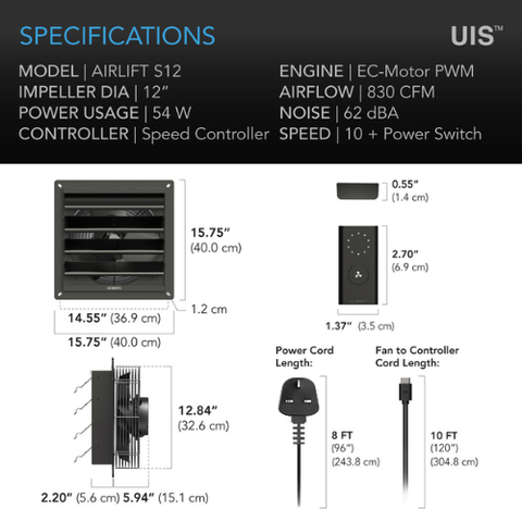 Airlift S12, Shutter Exhaust Ventilation Fan 12", Speed Controller