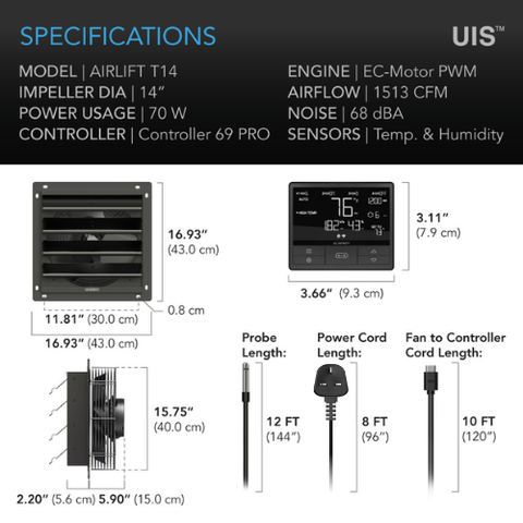 AIRLIFT T14, Shutter Exhaust Ventilation Fan 14", Temperature Humidity Controller