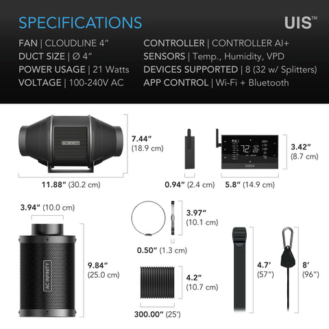 Air Filtration Kit PRO 4", AI-Powered Controller with WiFi App, Inline Fan with Carbon Filter & Ducting Combo