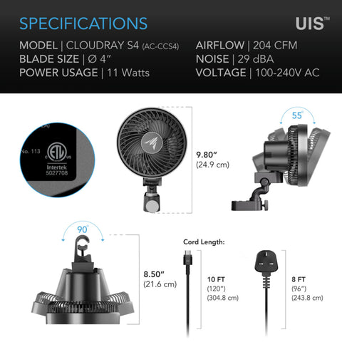 CLOUDRAY S4 Grow Tent Clip Fan 4” Ultra-Compact with Long-Life EC Motor, 10-Level Dynamic Fan Speeds, 10-Level Auto Oscillation, Specialized High-Velocity Circulation