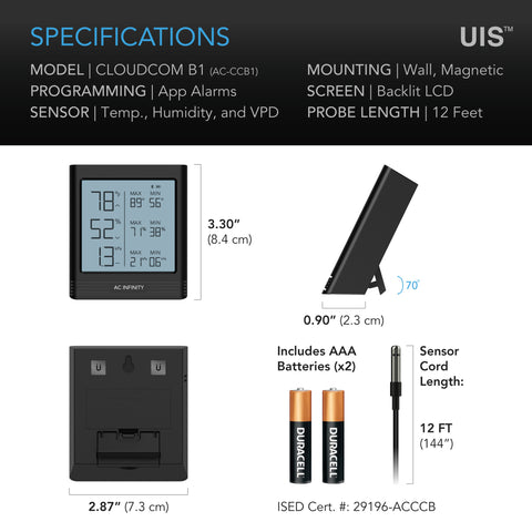 Cloudcom B1, Smart Thermo-Hygrometer With Data App, 12 Ft. Sensor Probe