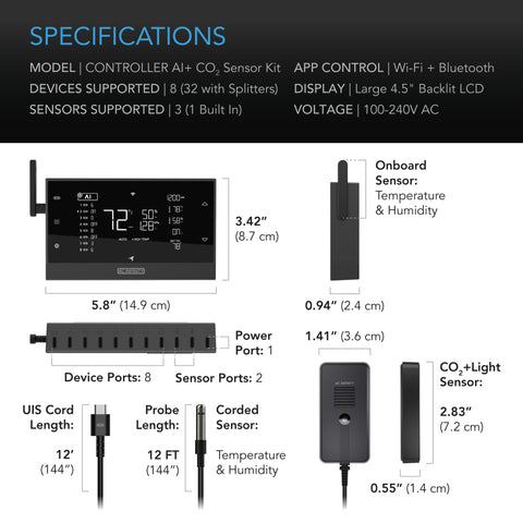 CONTROLLER AI+ with CO2 Sensor, AI-Powered Learning, CO2 Data Tracking for Optimized FAE, Temp, Humidity, and VPD Monitoring for Dynamic Level Adjusting Bluetooth & WiFi App