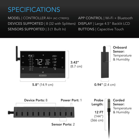 CONTROLLER AI+ Environmental Controller, AI-Powered Learning and Dynamic Level Adjusting for UIS and Third-Party Devices, Dual-Zone VPD, Temperature and Humidity, Bluetooth + WiFi App