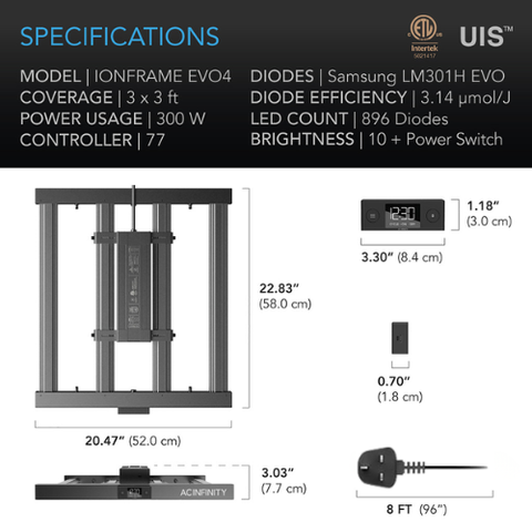 IONFRAME EVO4, Samsung LM301H EVO Commercial LED Grow Light, 300W, 3X3 FT