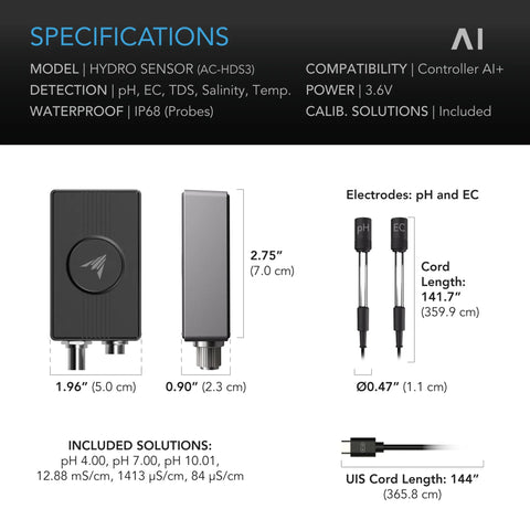 Hydro Sensor for Controller AI+, Precise pH, EC, TDS and Water Temp Data Tracking, Enables Equipment Control Programming AC INFINITY