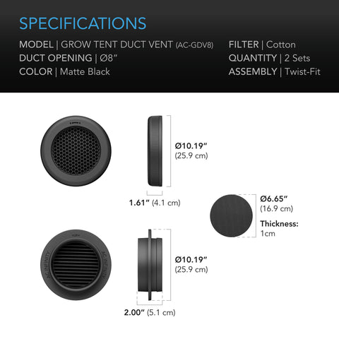 Grow Tent Duct Vent Attachment, 8-Inch 2 Pack, Light-Blocking & Dust-Resistant