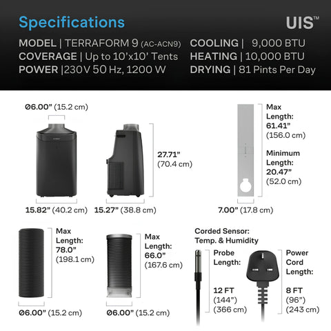AC Infinity Terraform 9 (UK Version of Terraform 8) - All-in-One Grow Tent Climate Control A/C
