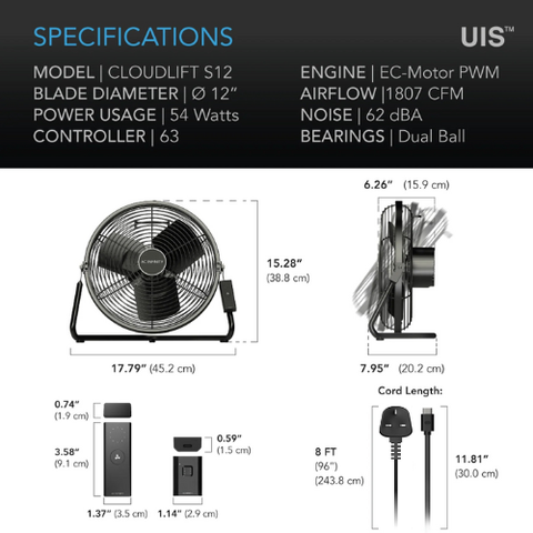 Cloudlift S12, Floor & Wall Fan with Wireless Controller, 12 inch