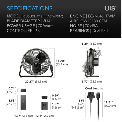 Cloudlift S14, Floor & Wall Fan with Wireless Controller, 14 Inch