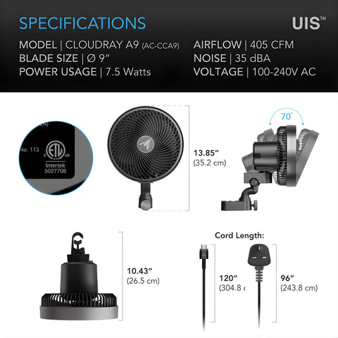Cloudray A9, Gen 2 Grow Tent Clip Fan 9” With 10 Speeds, Ec-Motor, Manual Swivel AC INFINITY