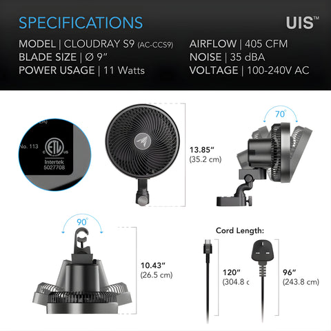 Cloudray S9, Gen 2 Grow Tent Clip Fan 9” With Long-Life Ec Motor, 10-Level Dynamic Wind Modes & Fan Speeds, 10-Level Auto Oscillation AC INFINITY