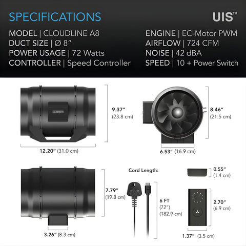 Cloudline Lite A8, Quiet Inline Fan With Speed Controller, 8-Inch AC INFINITY