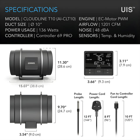 Cloudline Pro T10, Quiet Inline Duct Fan System With Temperature Humidity VPD Controller, 10-Inch AC INFINITY