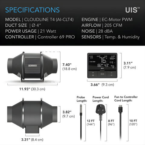 Cloudline Pro T4, Quiet Inline Duct Fan System With Temperature Humidity Vpd Controller, 4-Inch AC INFINITY