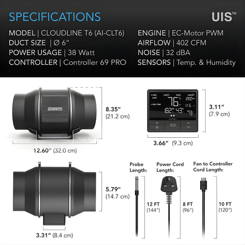 Cloudline Pro T6, Quiet Inline Duct Fan System With Temperature Humidity Vpd Controller, 6-Inch AC INFINITY