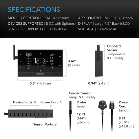 CONTROLLER AI+ Environmental Controller, AI-Powered Learning and Dynamic Level Adjusting for UIS and Third-Party Devices, Dual-Zone VPD, Temperature and Humidity, Bluetooth + WiFi App AC INFINITY