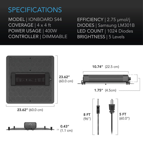 Ionboard S44 Full Spectrum LED Grow Light 400W, Samsung LM301H, 4 x 4 Coverage 120cm x 120cm